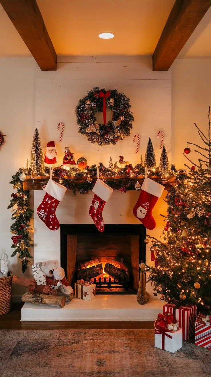 Gather 'round the warm glow of this enchanting fireplace backdrop, perfect for your Christmas backdrop photography.  The festive Christmas decorations, including joy decorations and stockings hung with care, create the ultimate Christmas fireplaces scene for cherished memories.