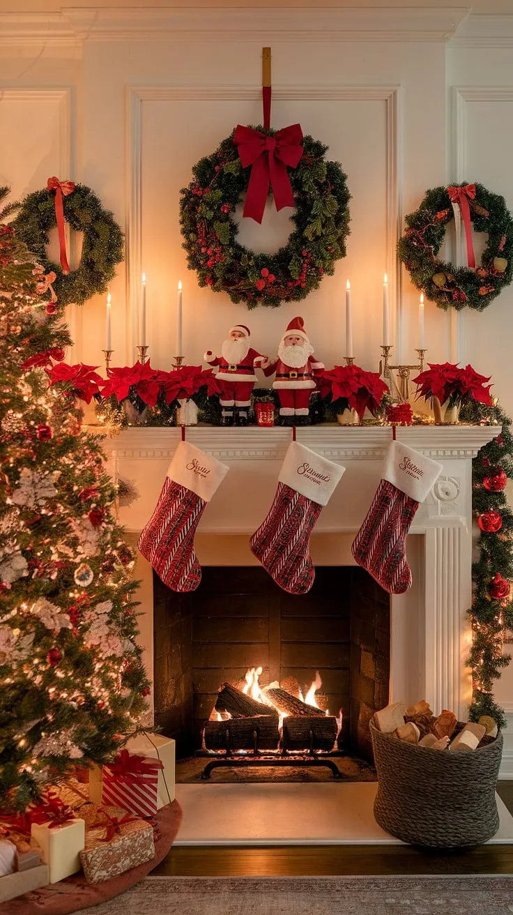 This xmas backdrop is pure Christmas magic!  The meticulously crafted Christmas decorations, from the stockings hung with care to the charming Christmas tree nestled on the mantle, transform this fireplace backdrop into a whimsical wonderland.  Capture the spirit of the season with this stunning Christmas fireplaces setting, overflowing with joy decorations.