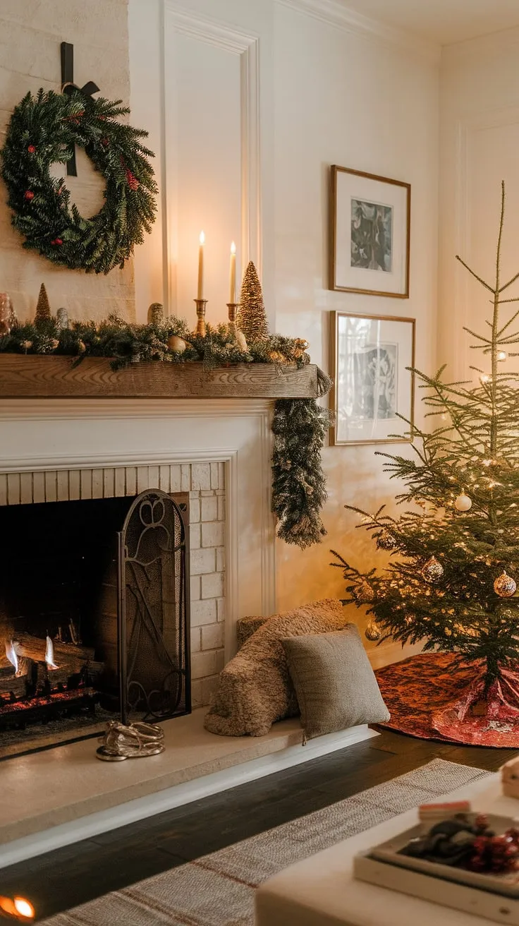 The warm glow of the fireplace backdrop, adorned with Christmas decorations and joy decorations, creates the perfect Christmas backdrop photography setting.  This cozy living room, complete with a Christmas tree and festive mantle, is the epitome of holiday cheer.