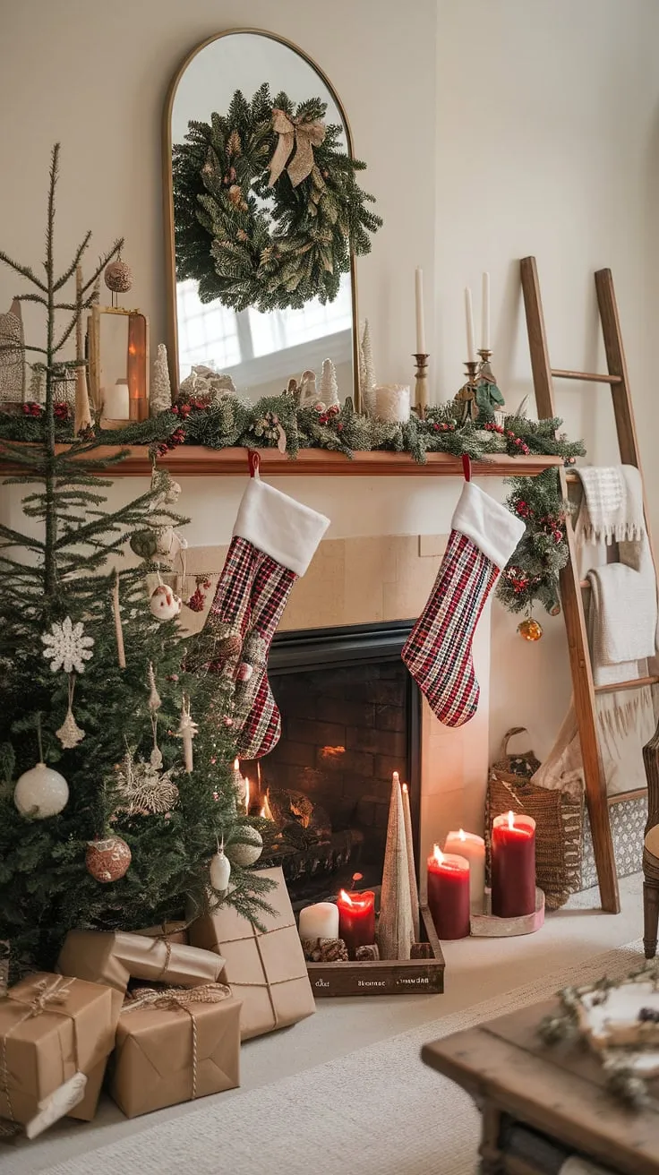 Gather 'round the fireplace backdrop, where the warmth of Christmas fireplaces and joy decorations create the perfect Christmas backdrop photography.  Wrapped gifts sit beneath the miniature Christmas tree perched on the mantle, a scene brimming with holiday cheer.