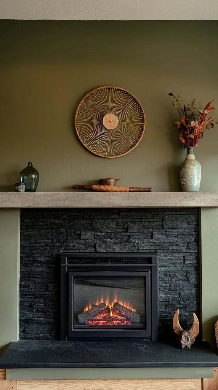 The dark color fireplace, a black stack stone fireplace, anchors this living room, its concrete mantle fireplace providing a sleek contrast. The green wall fireplace backdrop enhances the unique mantle decor, making this cottage electric fireplace the focal point of the room. This fireplace den exemplifies modern fireplace decor and offers inspiring living room fireplace ideas.