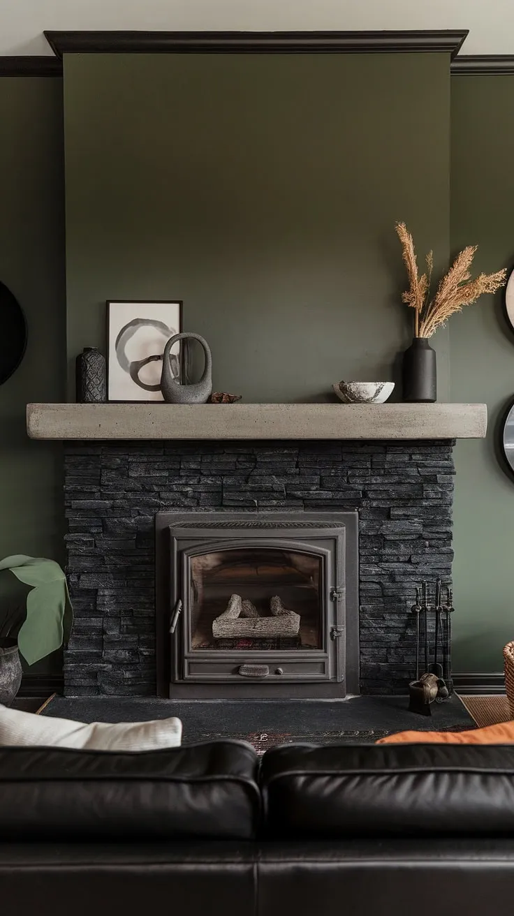 This cottage electric fireplace, a black brick fireplace with a concrete mantle fireplace, anchors this dark color fireplace den. The black stack stone fireplace and green wall fireplace are stunning, offering unique mantle decor and inspiring living room fireplace ideas for a modern fireplace decor.
