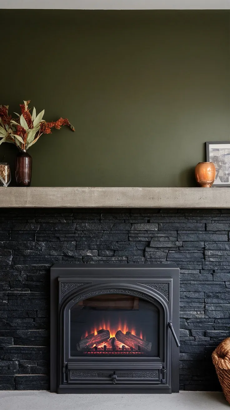 A dark color fireplace, specifically a black brick fireplace with a black stack stone exterior, anchors this modern living room. The concrete mantle fireplace provides a sleek contrast, while the green wall above adds a pop of color. This cottage electric fireplace offers both style and functionality, making it a perfect example of living room fireplace ideas. The unique mantle decor completes the look, creating a cozy and inviting fireplace den showcasing modern fireplace decor.