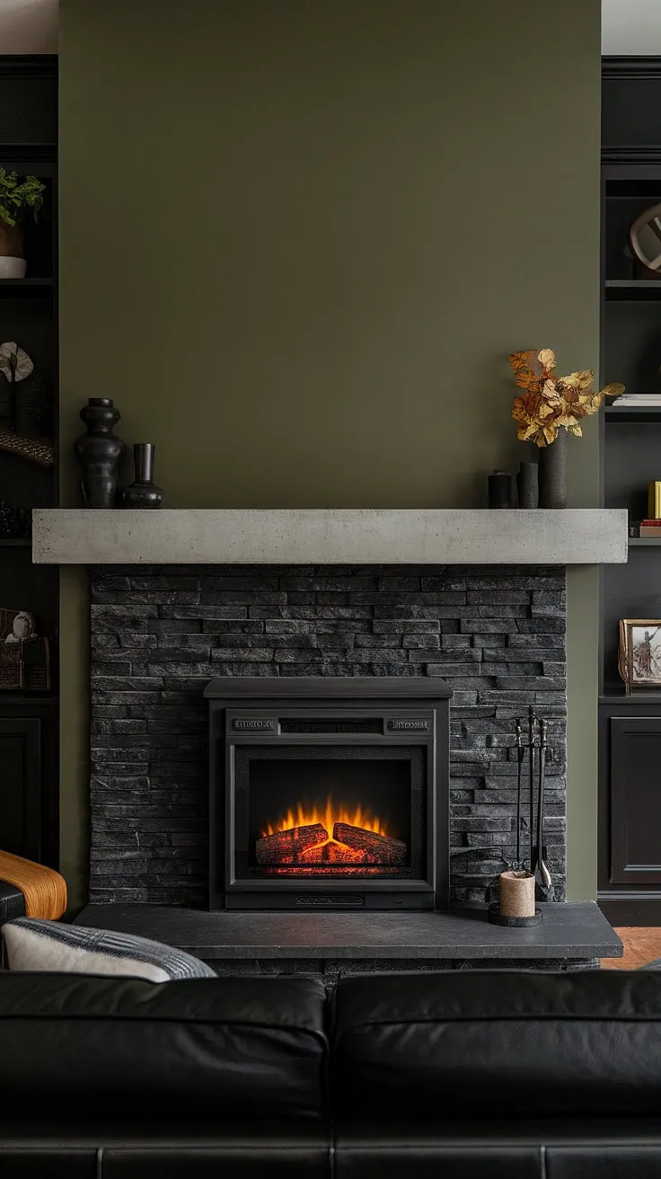 This cozy fireplace den boasts a striking black stack stone fireplace, its dark color scheme perfectly complemented by the green wall above. The unique mantle decor, featuring a cottage electric fireplace perched on a concrete mantle fireplace, adds a touch of modern fireplace decor. This living room fireplace ideas showcases the versatility of a black brick fireplace, creating a warm and inviting atmosphere.