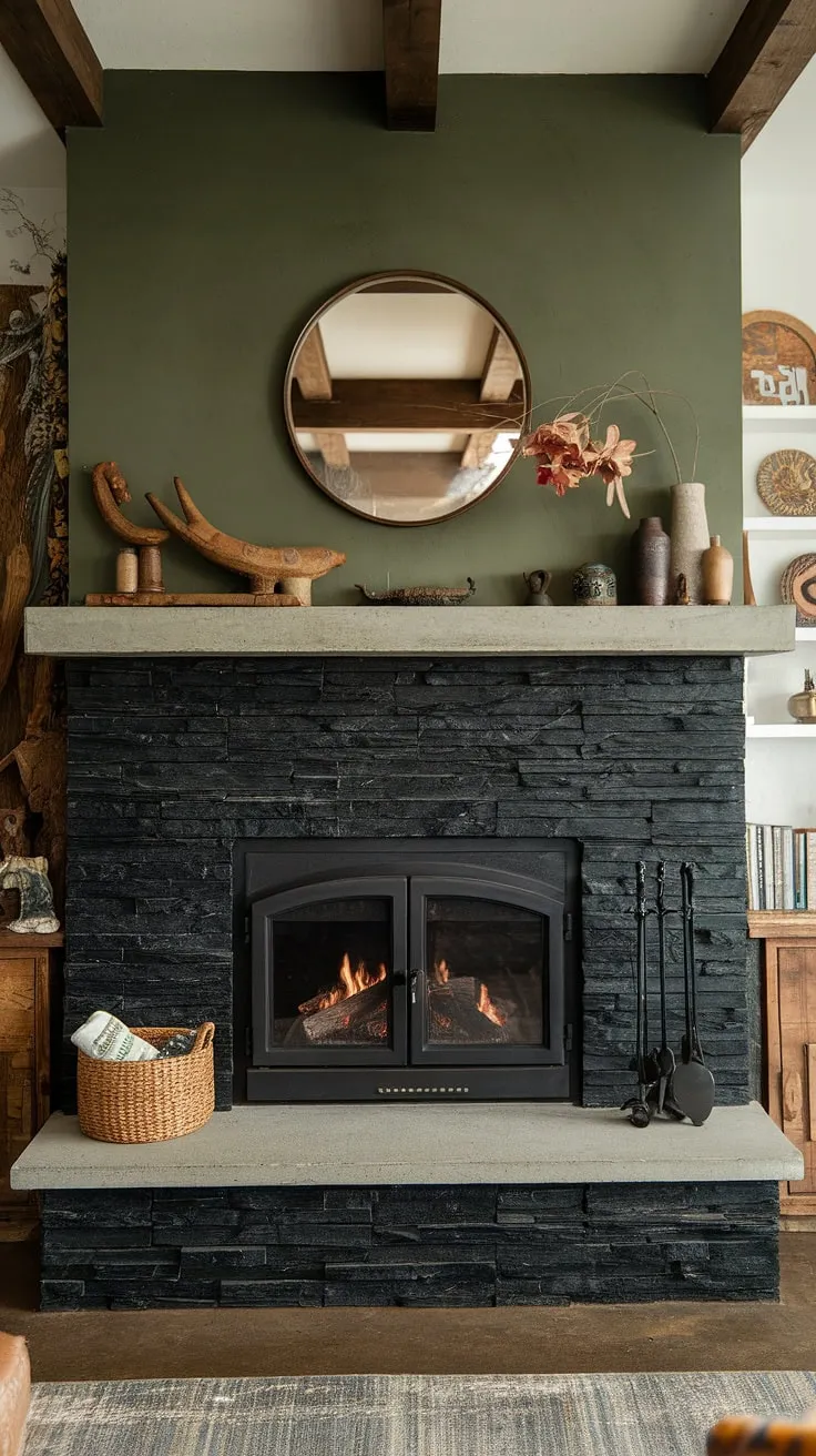 This cottage electric fireplace, with its dark color fireplace and black brick fireplace aesthetic, creates a warm and inviting atmosphere in this charming fireplace den. The unique mantle decor perfectly complements the modern fireplace decor and green wall fireplace.