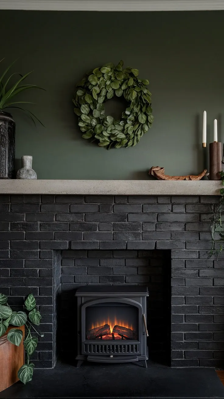 This cozy fireplace den boasts a striking black stack stone fireplace, its concrete mantle adorned with unique mantle decor—a vibrant green plant adding a touch of life against the dark color fireplace. The green wall fireplace creates a sophisticated backdrop, showcasing the modern fireplace decor perfectly. A glimpse of a cottage electric fireplace in the background adds to the rustic ambiance. This living room fireplace ideas showcases the perfect blend of modern and rustic design.