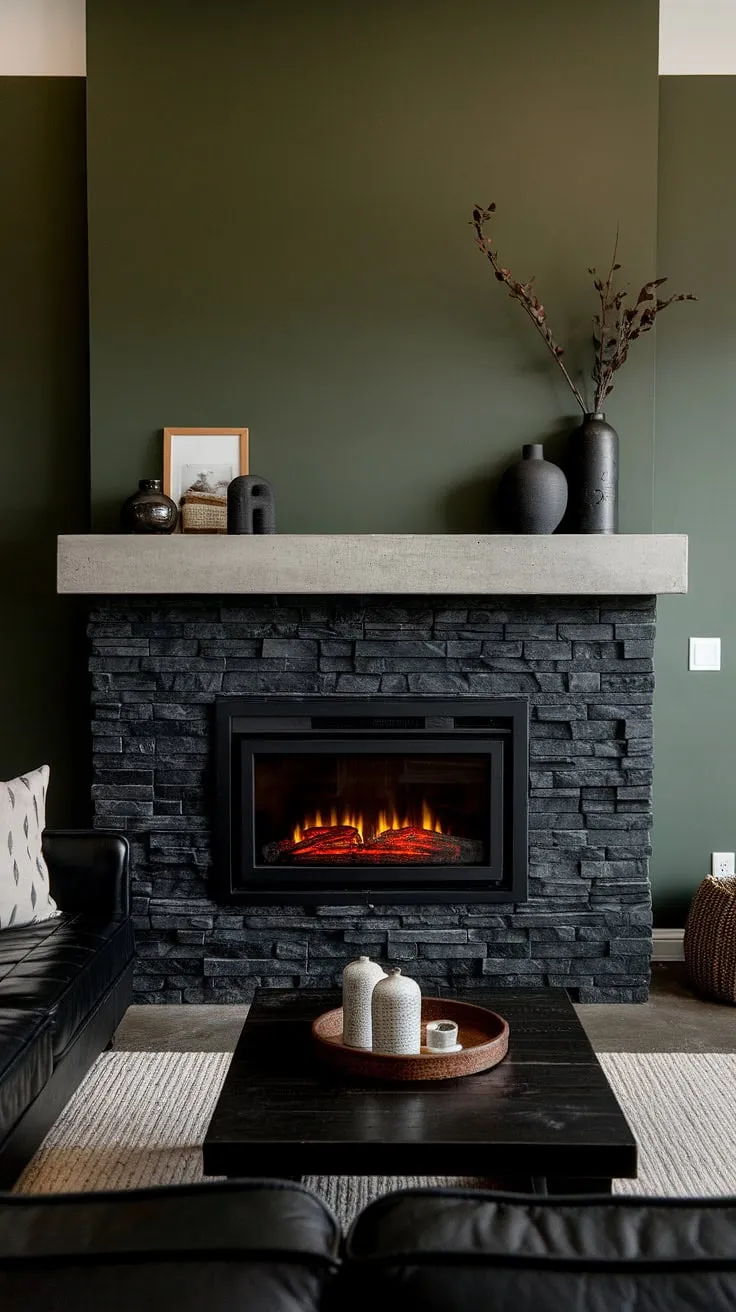 This dark color fireplace, a black brick fireplace masterpiece with a black stack stone exterior and concrete mantle fireplace, anchors this fireplace den. The cottage electric fireplace adds extra warmth, while the green wall fireplace and unique mantle decor complete the look.