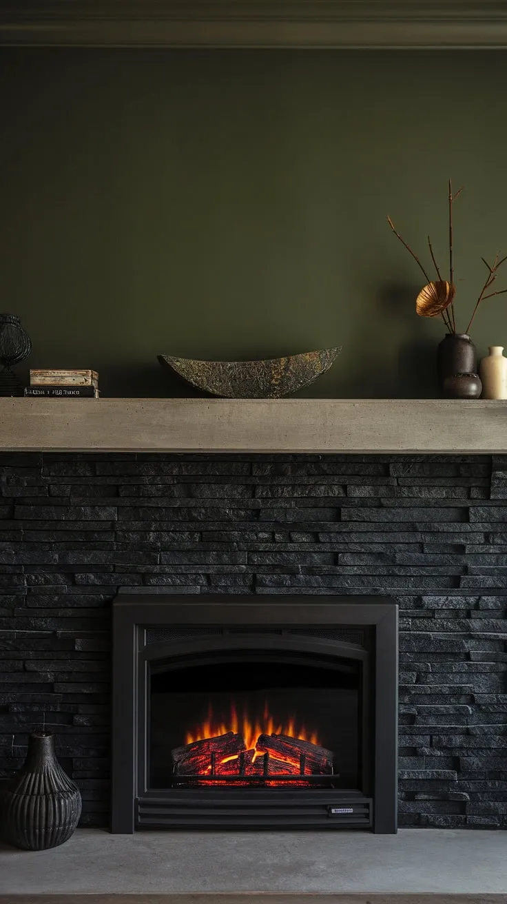 Escape to this dark color fireplace den, where a black brick fireplace (black stack stone fireplace) with a concrete mantle fireplace and unique mantle decor creates a sophisticated ambiance. Living room fireplace ideas meet cottage electric fireplace charm in this green wall fireplace setting.