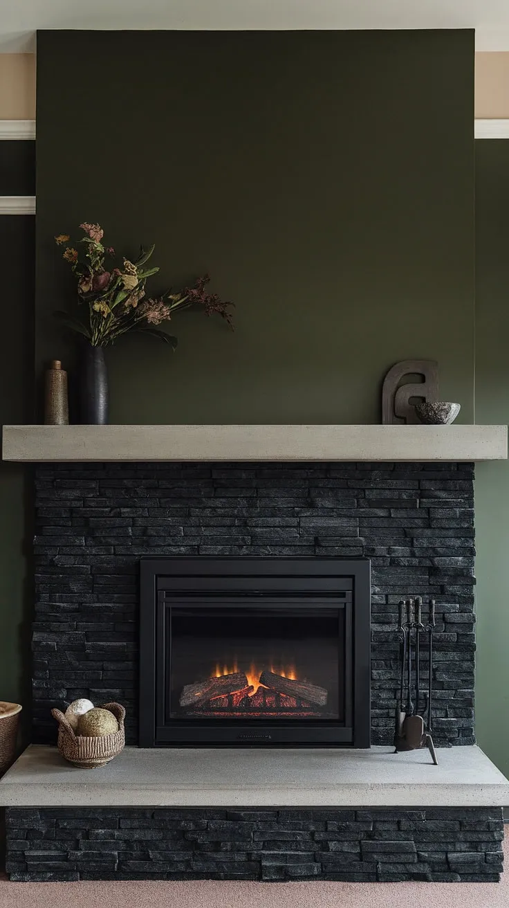 Modern fireplace decor meets rustic charm in this fireplace den. A black brick fireplace with a concrete mantle and cottage electric fireplace adds warmth to the green wall backdrop.
