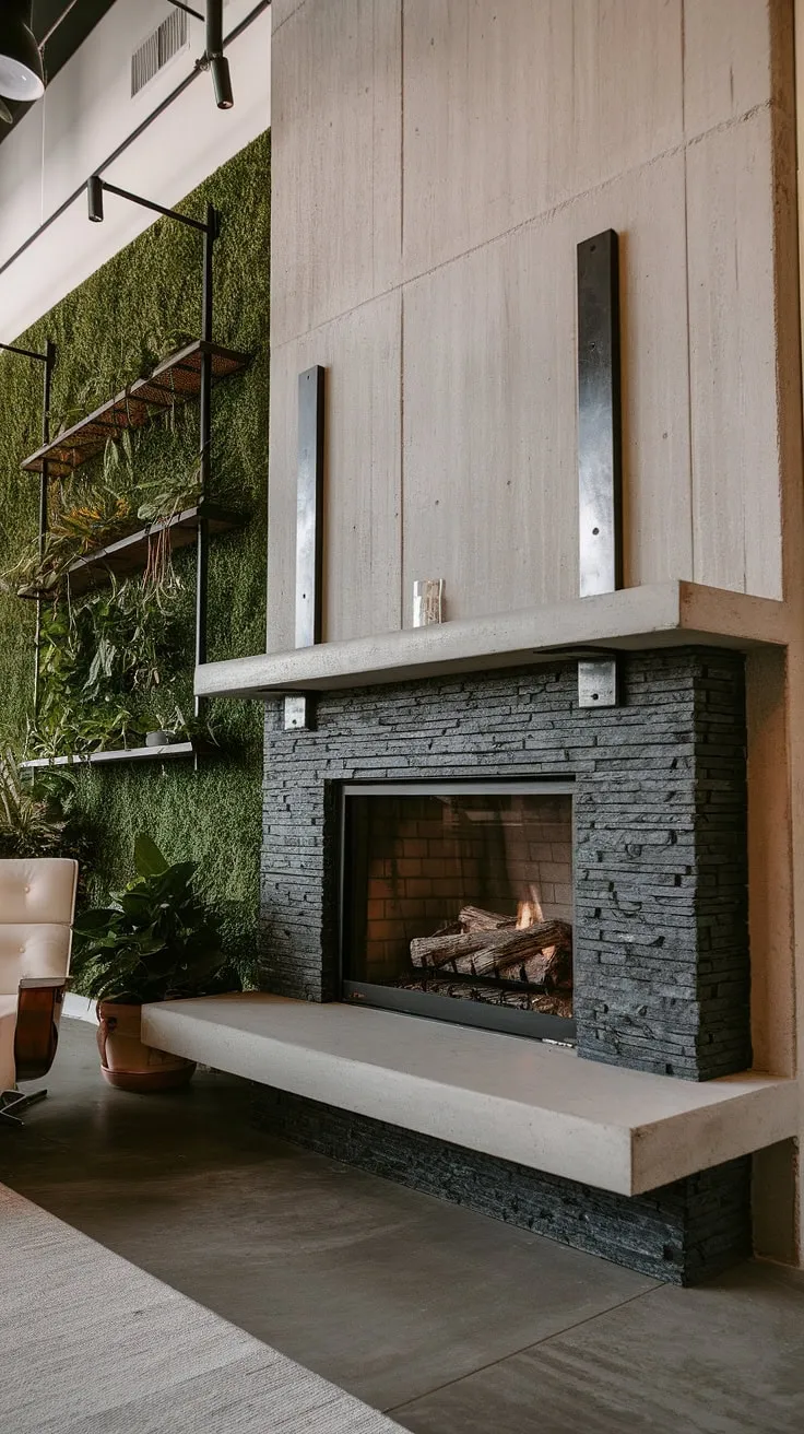 Cozy up in this fireplace den, featuring a modern fireplace decor with a black stack stone fireplace and unique mantle decor. The green wall fireplace and concrete mantle fireplace create a stunning living room fireplace ideas.