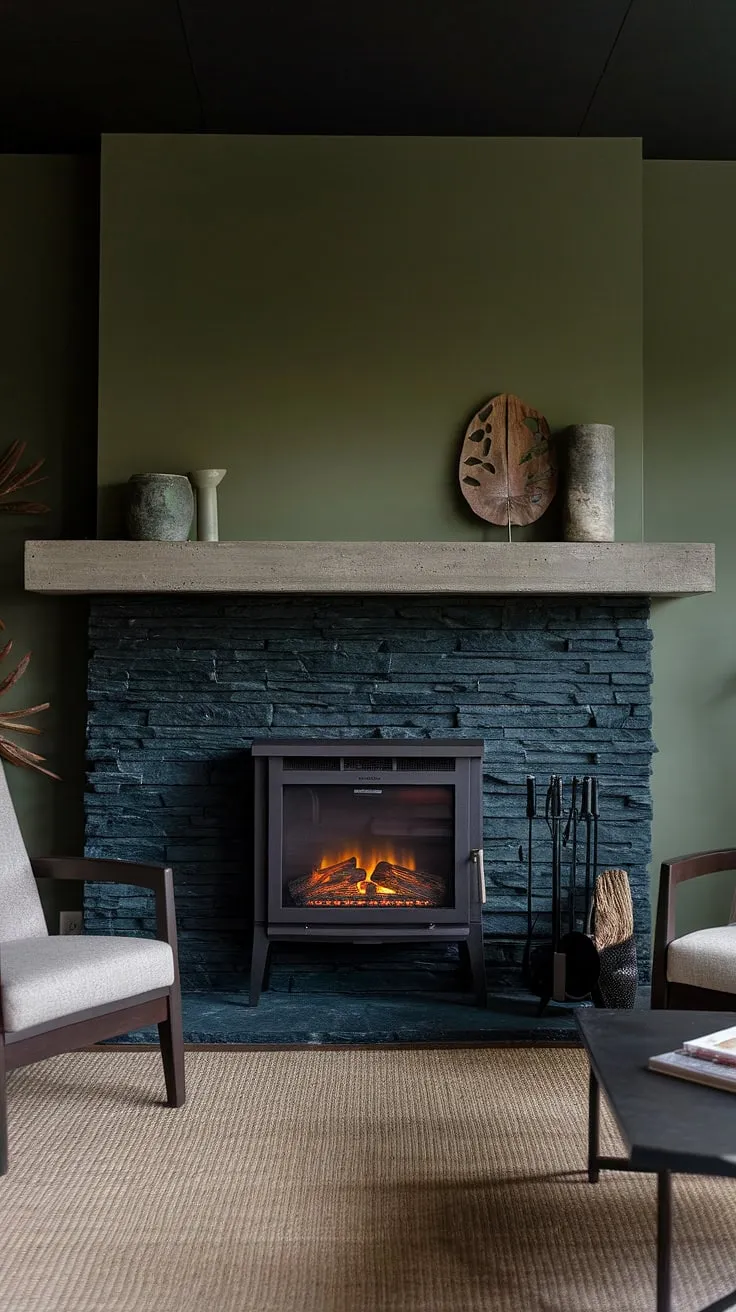 A modern fireplace decor dream, this living room features a show-stopping black brick fireplace (or black stack stone fireplace) with a concrete mantle fireplace. The unique mantle decor is the perfect finishing touch against the green wall fireplace. Below, a practical cottage electric fireplace provides cozy warmth. This dark color fireplace is the focal point of this stylish fireplace den, offering inspiration for your own living room fireplace ideas.
