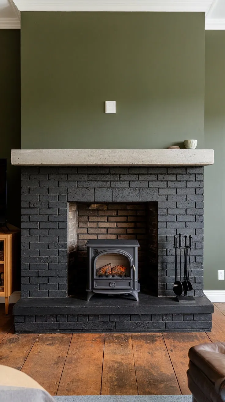 This modern fireplace den boasts a striking black stack stone fireplace with a unique concrete mantle, showcasing a sophisticated take on living room fireplace ideas. The dark color fireplace is beautifully offset by the green wall, and the added cottage electric fireplace provides extra warmth and ambiance. The black brick fireplace's texture adds depth to the space, complemented by the warm wood flooring.
