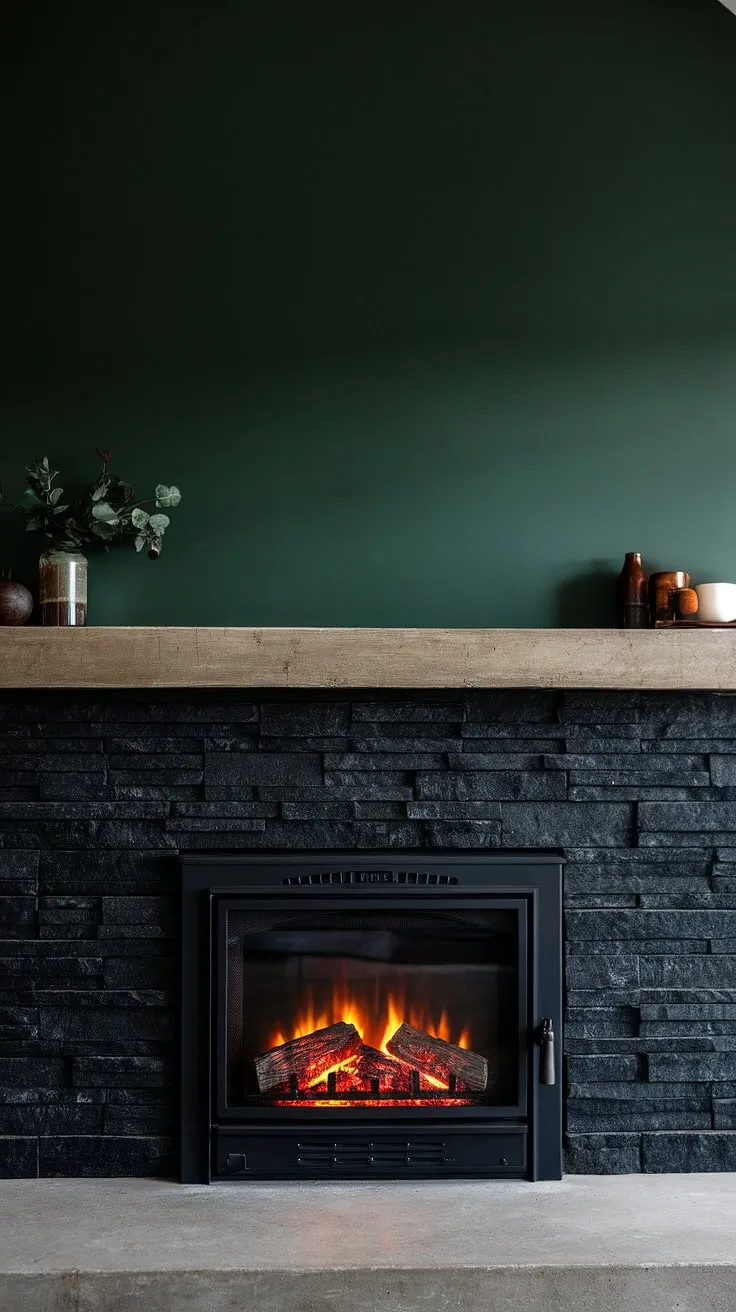 Cozy up in this fireplace den, featuring a modern fireplace decor with a black stack stone fireplace and unique mantle decor. The green wall fireplace and dark color fireplace create a dramatic backdrop for this living room fireplace ideas, showcasing a cottage electric fireplace and concrete mantle fireplace. The black brick fireplace adds a touch of rustic charm.