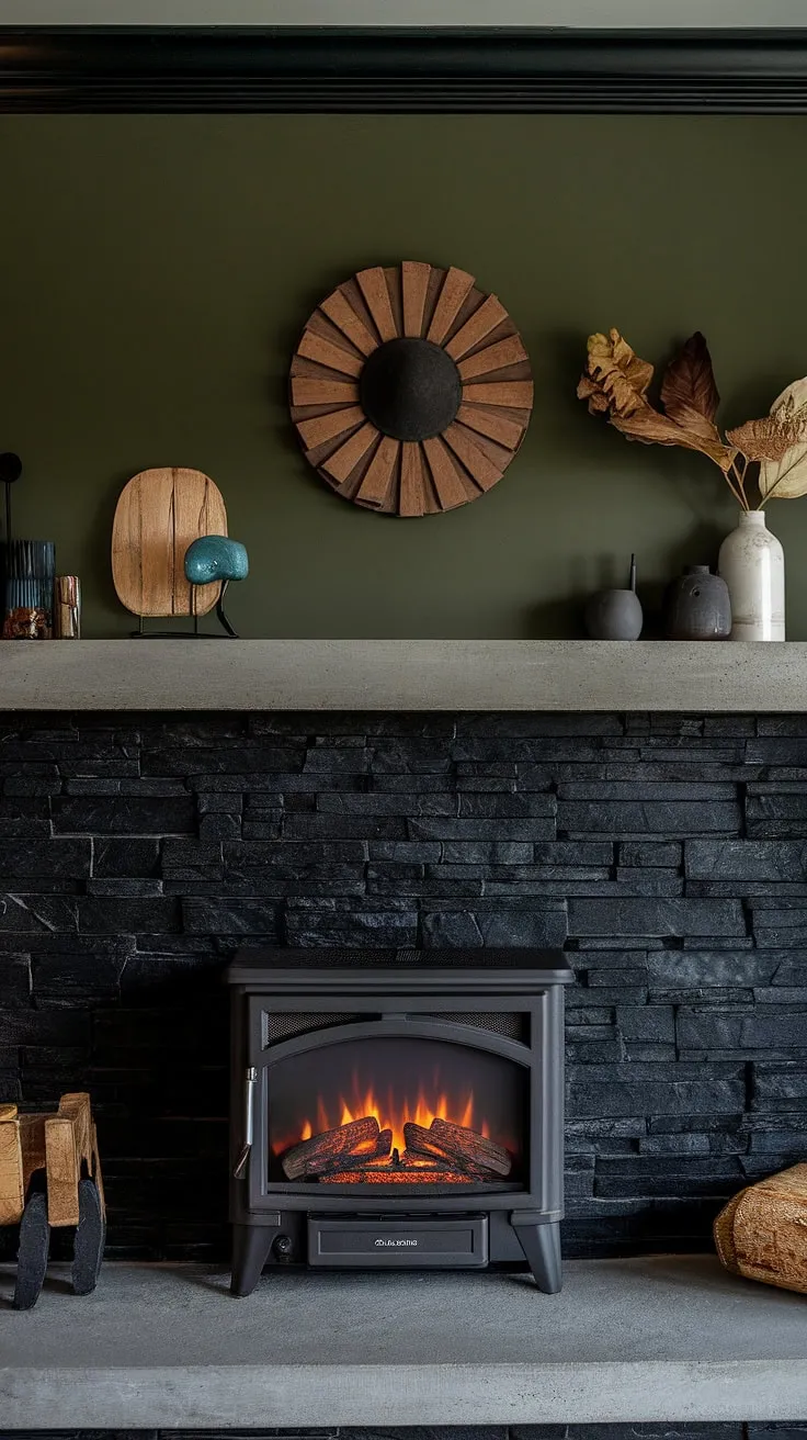 Cozy up in this fireplace den, featuring a modern fireplace decor with a black stack stone fireplace and unique mantle decor. Living room fireplace ideas at their finest, showcasing a green wall fireplace, dark color fireplace, and a concrete mantle fireplace. The cottage electric fireplace adds to the inviting ambiance.