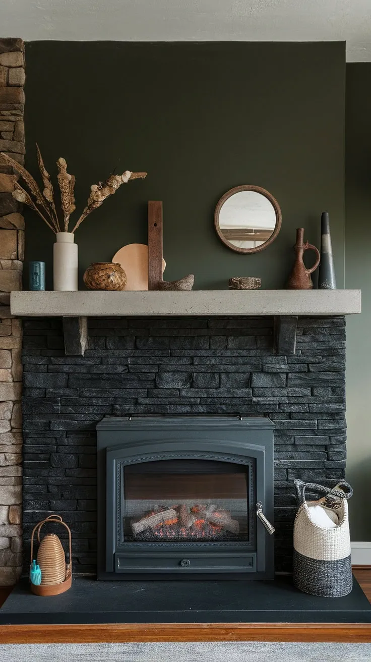 This living room fireplace ideas showcase a stunning dark color fireplace, a black stack stone fireplace with a concrete mantle fireplace. The unique mantle decor adds personality to this modern fireplace decor, set against a striking green wall fireplace. The cottage electric fireplace provides cozy warmth in this inviting fireplace den.