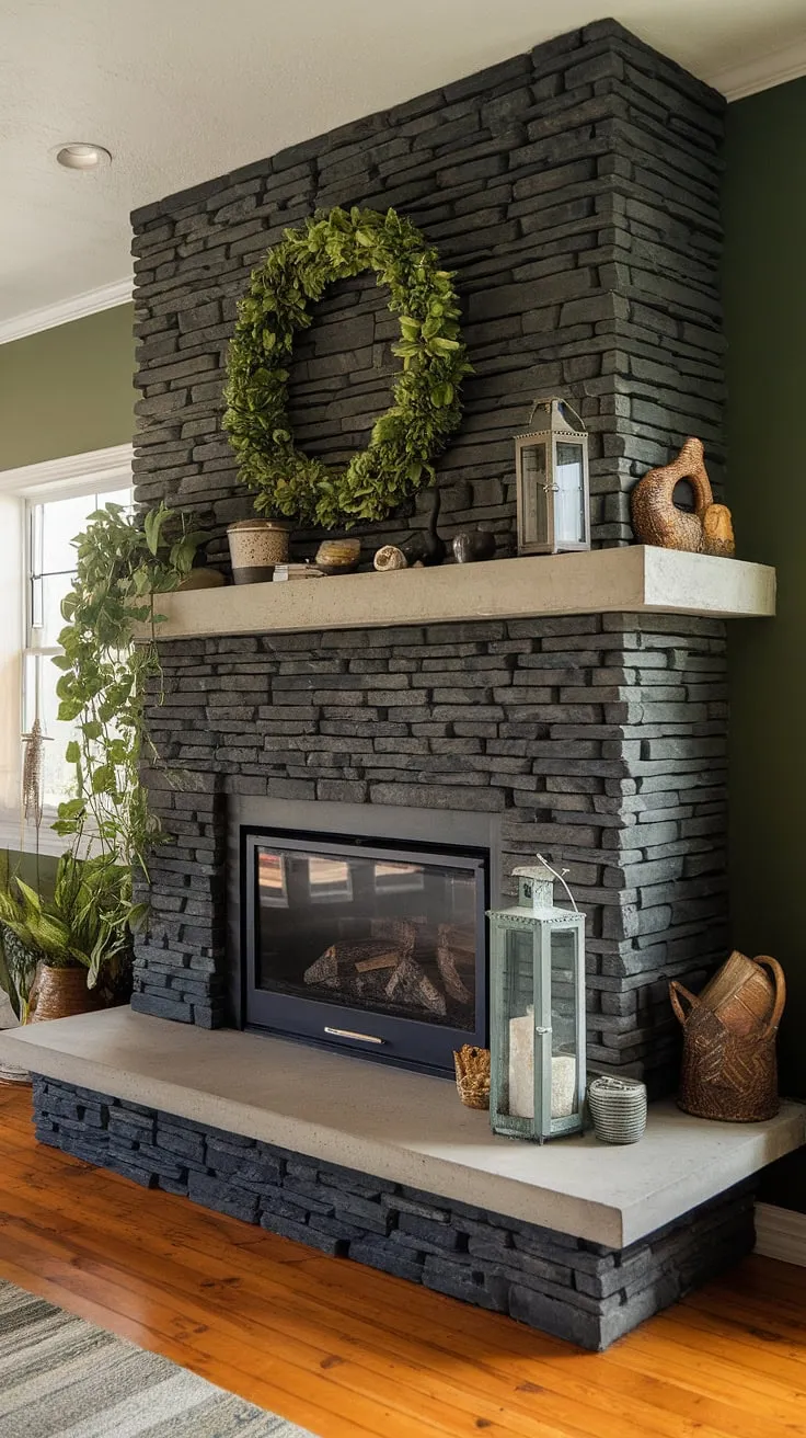 This cottage electric fireplace, a dark color fireplace with black brick fireplace aesthetic, boasts a stunning black stack stone fireplace and unique mantle decor. Perfect living room fireplace ideas for a fireplace den.