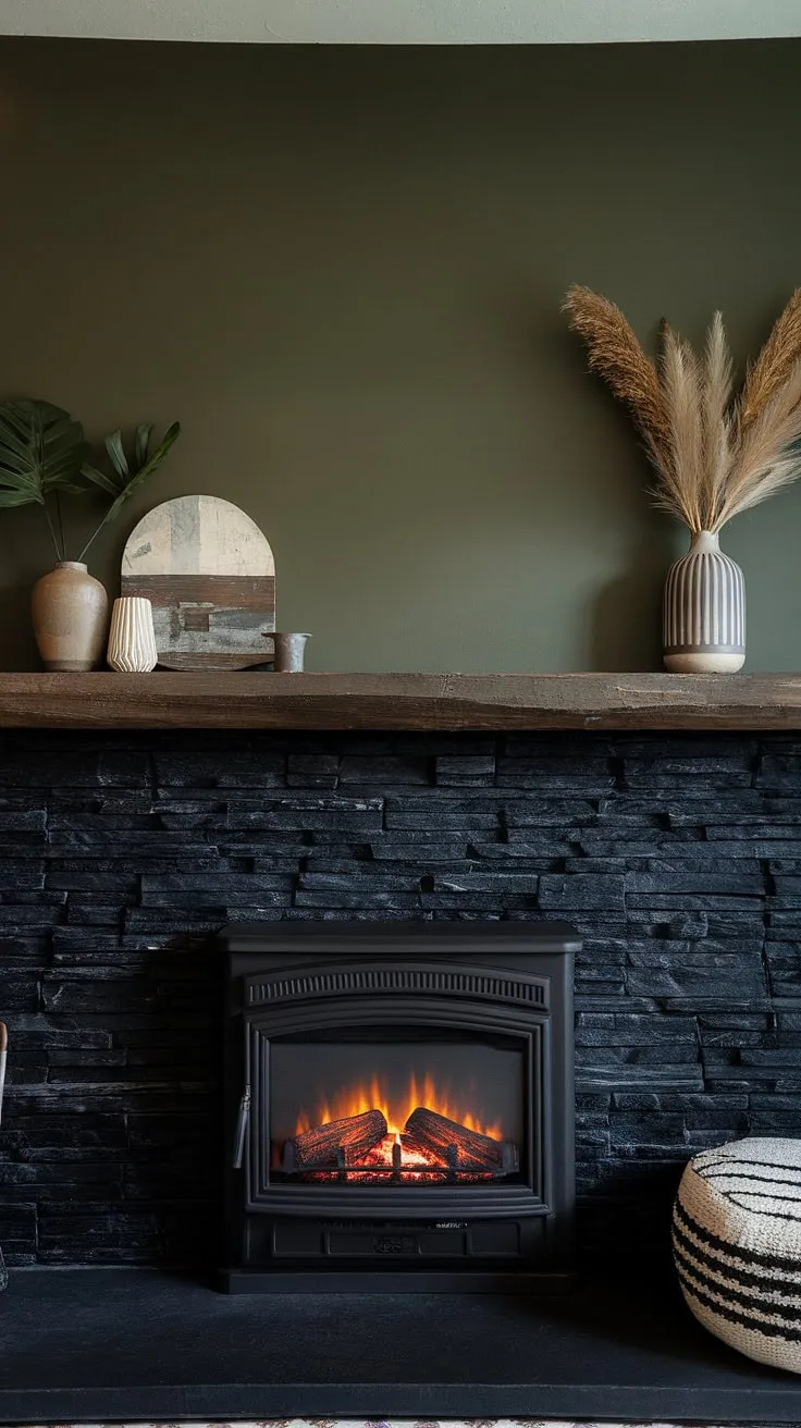 Rustic charm meets modern design in this fireplace den. The black stack stone fireplace, with its unique mantle decor and concrete mantle fireplace, is a stunning focal point against the green wall fireplace. Living room fireplace ideas don't get much cozier than this cottage electric fireplace.