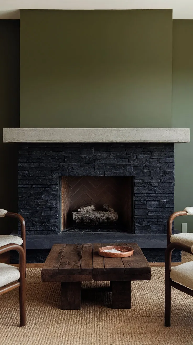 A modern fireplace decor statement is made with this black brick fireplace, featuring a black stack stone fireplace facade and a sleek concrete mantle fireplace. The green wall fireplace provides a vibrant backdrop to this dark color fireplace, creating a focal point in the living room. Rustic wooden furniture complements the unique mantle decor, making this fireplace den a perfect blend of modern and cozy, offering inspiring living room fireplace ideas.