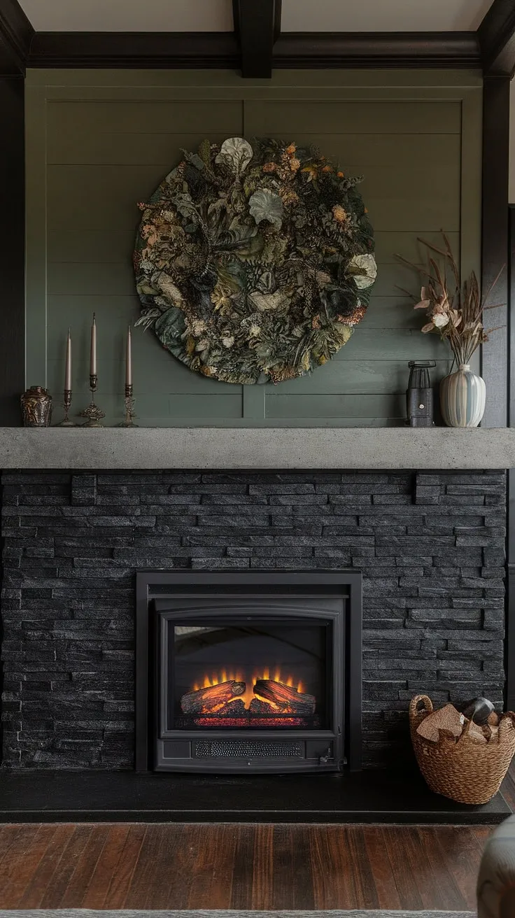 A sophisticated living room fireplace ideas showcases a black brick fireplace, specifically a black stack stone fireplace with a concrete mantle fireplace. The dark color fireplace is elevated by a unique mantle decor—a vibrant green wall housing a cozy cottage electric fireplace. This modern fireplace decor is the focal point of this fireplace den, its beauty enhanced by the warm wood floors.