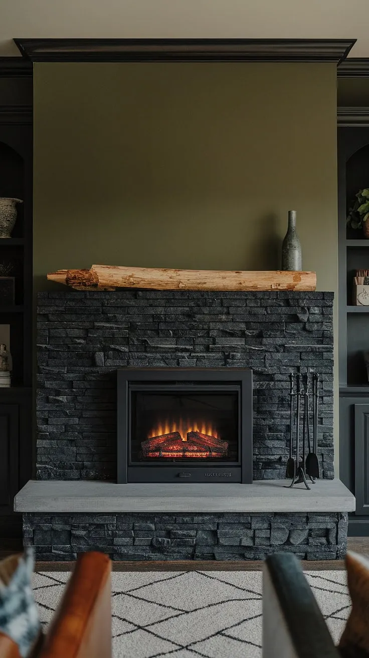 A stunning example of living room fireplace ideas, this dark color fireplace features a black stack stone fireplace with a concrete mantle fireplace. The green wall fireplace provides a vibrant backdrop to the modern fireplace decor, while the unique mantle decor—a single wooden log—adds a touch of rustic charm. This cottage electric fireplace is the perfect centerpiece for a cozy fireplace den.