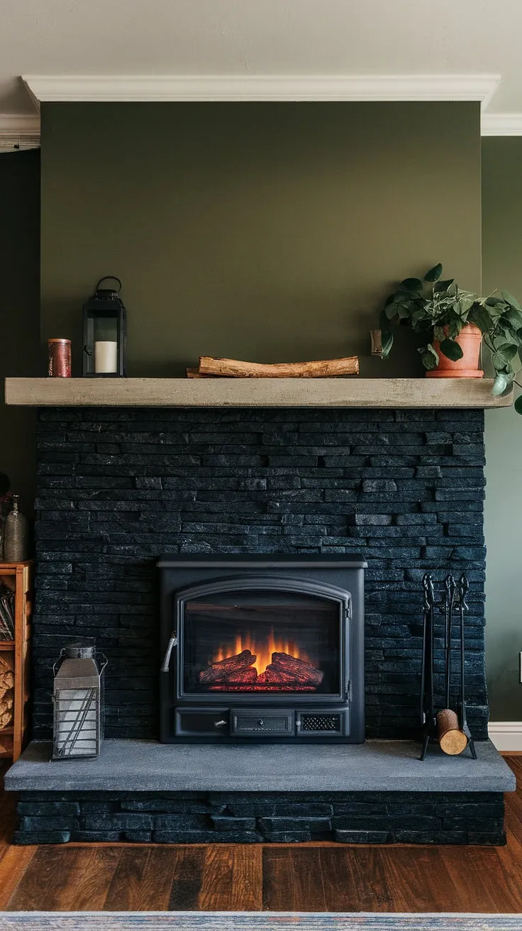 Cozy up in this fireplace den, featuring a striking black stack stone fireplace with a unique mantle decor. Modern fireplace decor meets rustic charm with the green wall fireplace and cottage electric fireplace.