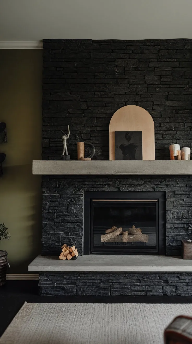 This cozy fireplace den boasts a striking modern fireplace decor, featuring a black stack stone fireplace with a concrete mantle fireplace. The unique mantle decor adds a touch of personality above the dark color fireplace, while the green wall fireplace creates a sophisticated contrast. Living room fireplace ideas don't get much more stylish than this cottage electric fireplace, perfectly complemented by the light rug and dark color scheme.