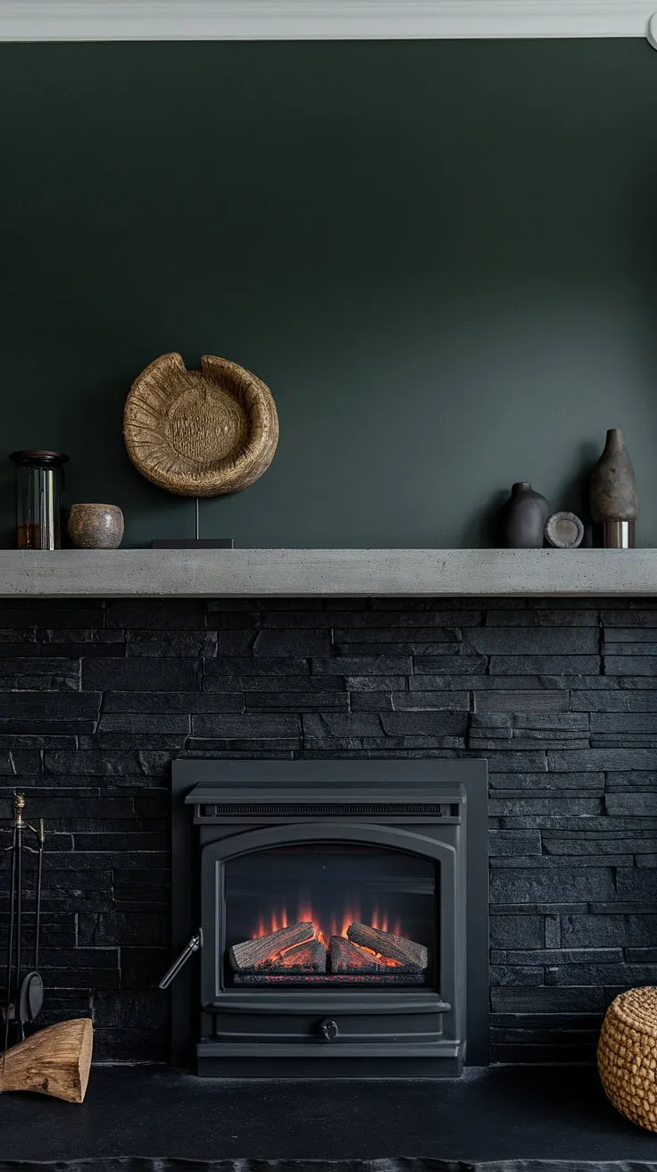 This cozy fireplace den boasts a striking black stack stone fireplace, its dark color scheme perfectly complemented by the green wall above. The concrete mantle fireplace showcases unique mantle decor, including a large wooden orb, offering inspiration for living room fireplace ideas. The cottage electric fireplace adds a touch of modern convenience to this sophisticated space.