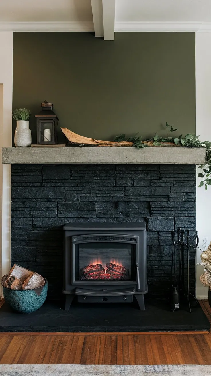 This cozy fireplace den boasts a striking black stack stone fireplace, a modern fireplace decor statement against the green wall fireplace. The concrete mantle fireplace is styled with unique mantle decor—a lantern, wood log, and greenery—offering inspiration for living room fireplace ideas. A cottage electric fireplace in the corner adds extra warmth to this charming space. The dark color fireplace is the focal point, a beautiful black brick fireplace in a cottage-style setting.
