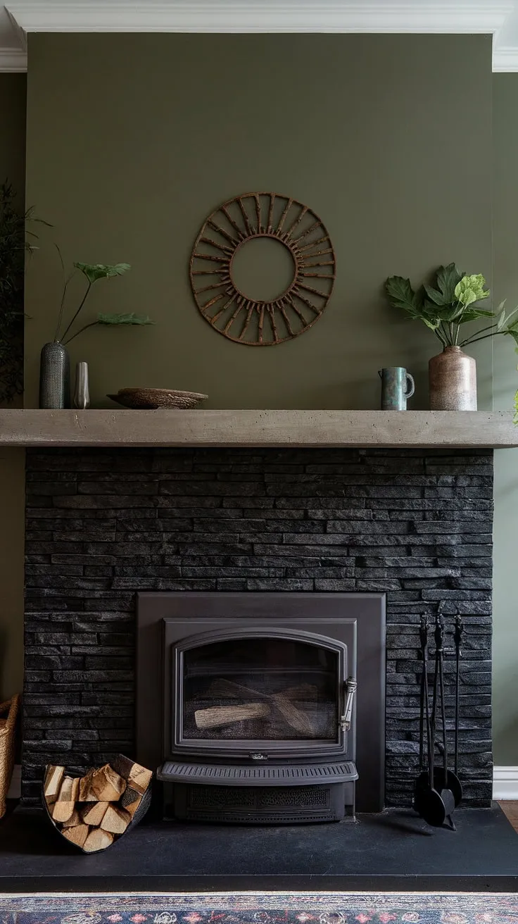 This cottage electric fireplace boasts a stunning black brick fireplace, a black stack stone fireplace, and a concrete mantle fireplace. The unique mantle decor and green wall fireplace create a modern fireplace decor in this inviting fireplace den, providing excellent living room fireplace ideas.