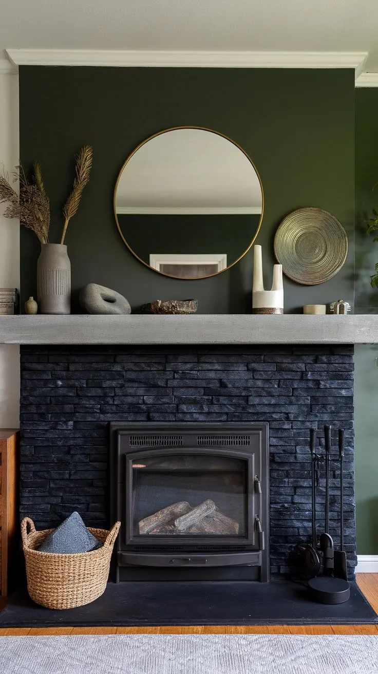 A stunning example of modern fireplace decor, this living room features a black brick fireplace with a black stack stone exterior. The concrete mantle fireplace is styled with unique mantle decor, creating a focal point against the green wall fireplace. This cottage electric fireplace provides warmth and style, making it a perfect centerpiece for this fireplace den.