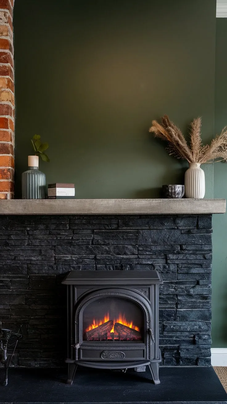 This dark color fireplace, a black brick fireplace masterpiece of black stack stone, anchors this modern living room. The concrete mantle fireplace and green wall fireplace create a cozy and unique atmosphere perfect for a fireplace den. Explore these living room fireplace ideas for your own space.