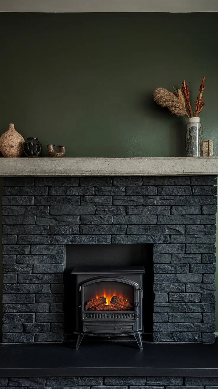 This unique mantle decor elevates the black brick fireplace in this fireplace den. The green wall and dark color fireplace create a modern fireplace decor statement, offering inspiring living room fireplace ideas with the added warmth of a cottage electric fireplace nestled beneath the black stack stone fireplace.