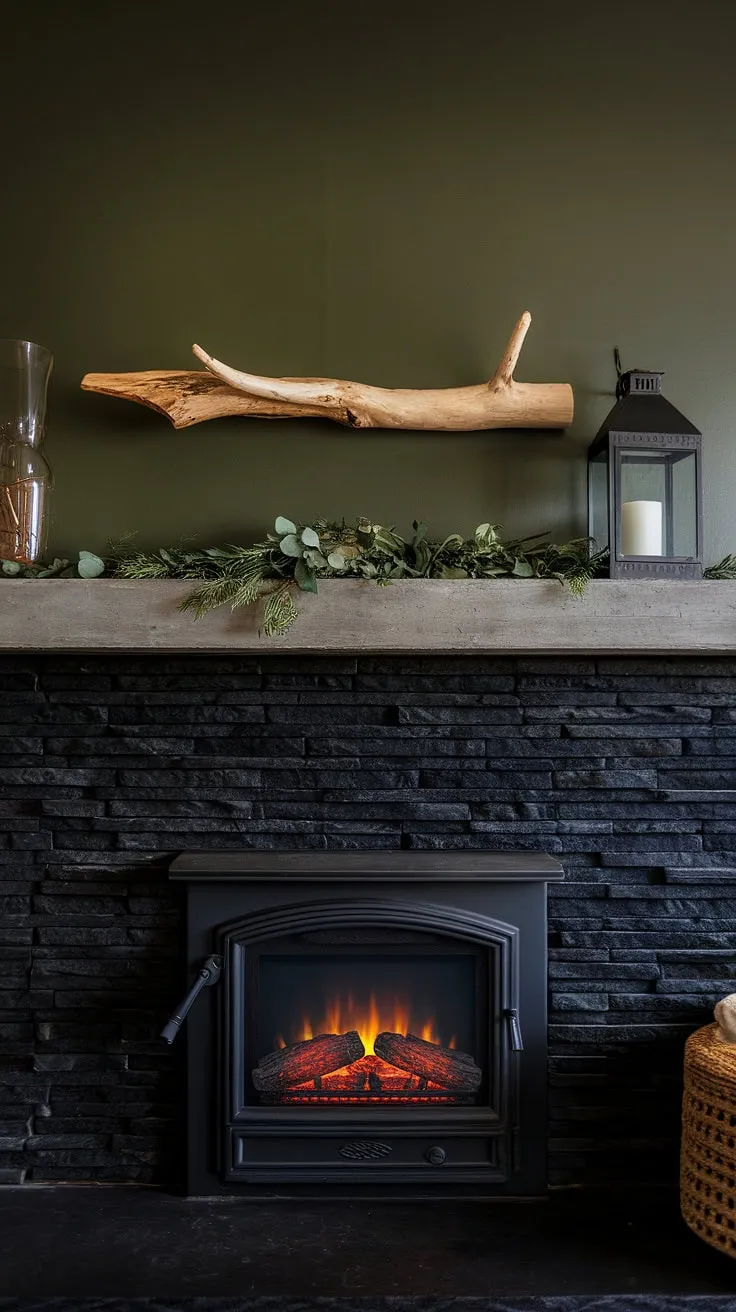 This modern fireplace decor centers around a dramatic black stack stone fireplace, a dark color fireplace that anchors this living room. The concrete mantle fireplace is styled with unique mantle decor—a rustic wooden log, lantern, and greenery—against a vibrant green wall fireplace. This cottage electric fireplace offers cozy warmth in this inviting fireplace den, providing ample inspiration for your own living room fireplace ideas.