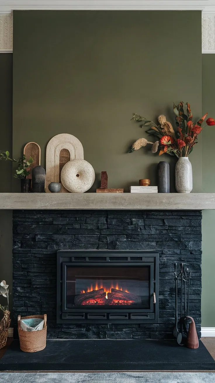 Cozy up in this fireplace den, where a black stack stone fireplace with unique mantle decor meets modern fireplace decor. The green wall and concrete mantle fireplace create a stunning backdrop for living room fireplace ideas.