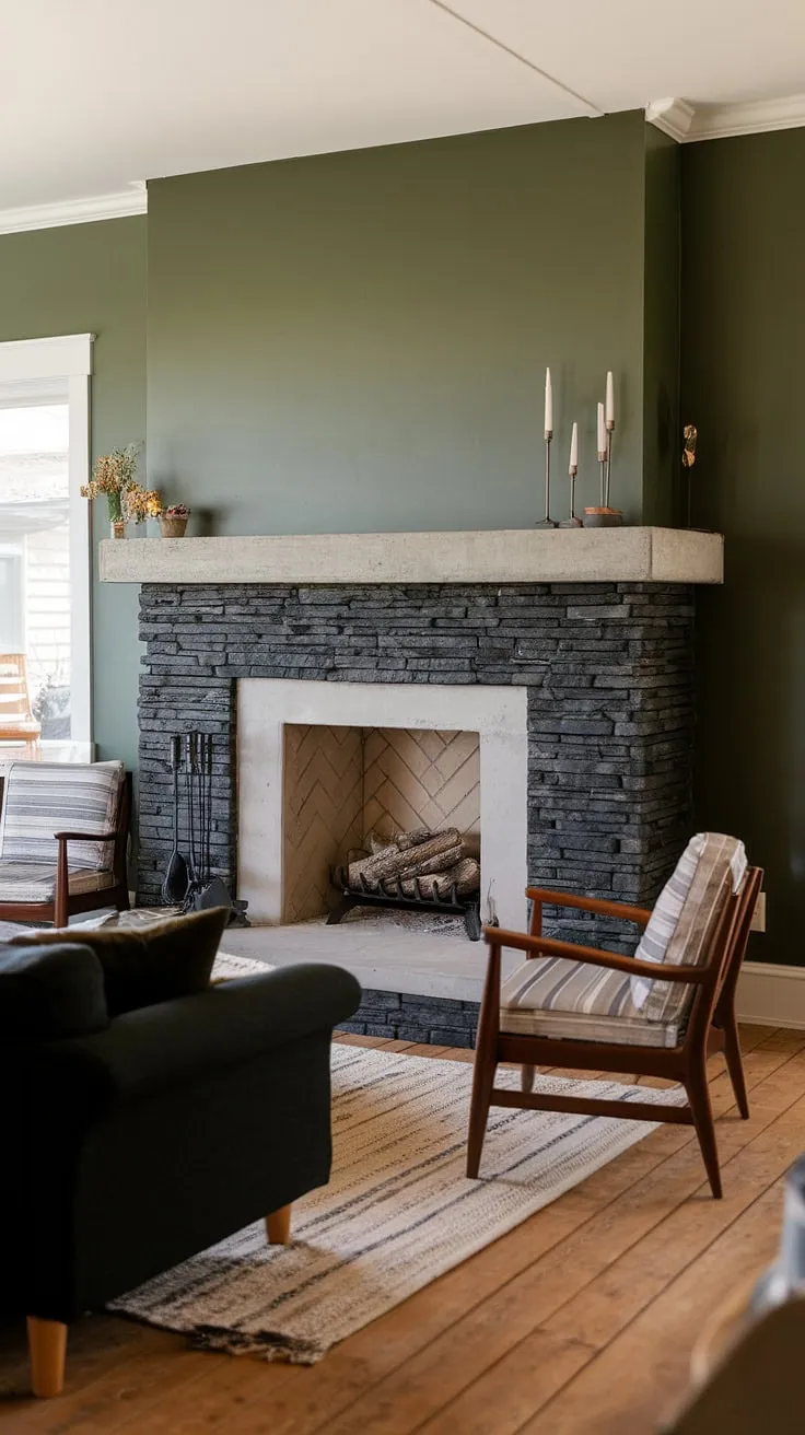 Cozy up in this fireplace den, featuring a modern fireplace decor with a black stack stone fireplace and unique mantle decor. The green wall fireplace and concrete mantle fireplace create a stunning focal point in this living room fireplace ideas showcase.