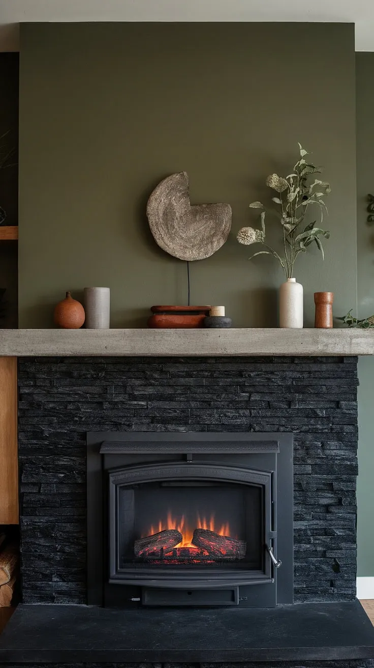 Cozy up in this fireplace den, featuring a striking black stack stone fireplace with a concrete mantle and unique mantle decor. Modern fireplace decor meets rustic charm with this green wall fireplace and cottage electric fireplace design.