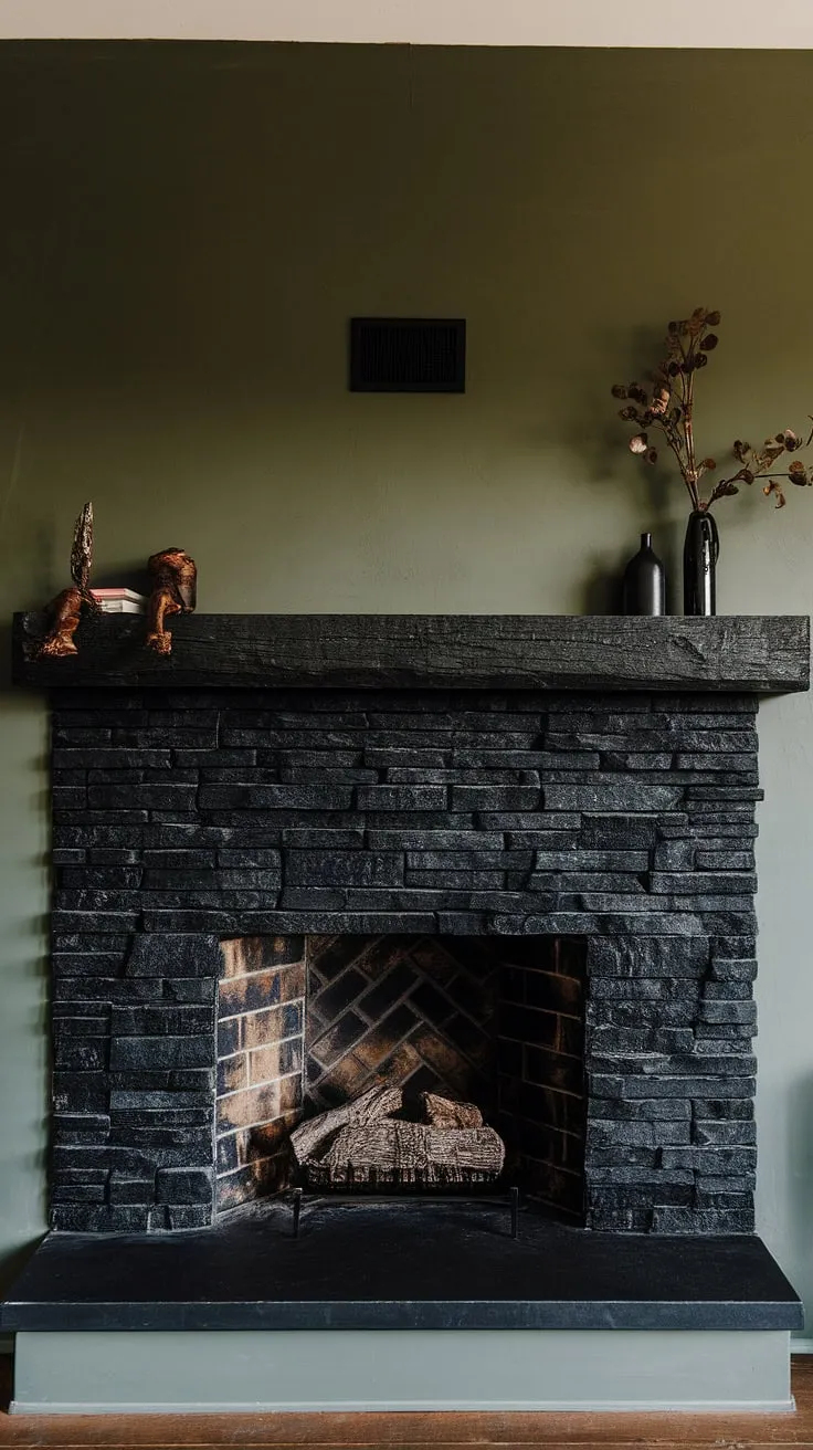 Rustic charm meets modern design in this fireplace den. The black stack stone fireplace, with its unique mantle decor against a green wall, anchors the space, offering living room fireplace ideas with a dark color fireplace and cottage electric fireplace contrast. The concrete mantle fireplace adds an unexpected touch.