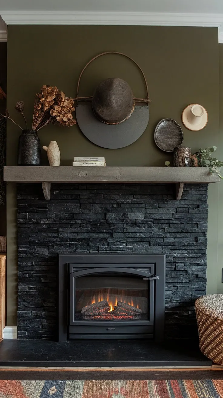 This cozy fireplace den boasts a stunning modern fireplace design. The black stack stone fireplace, with its dark color palette, is a focal point against the vibrant green wall. The concrete mantle fireplace showcases unique mantle decor, adding a touch of rustic charm to this living room fireplace ideas masterpiece. The cottage electric fireplace provides warmth and ambiance, perfectly complementing the cottage vibe. This black brick fireplace is a testament to sophisticated simplicity.