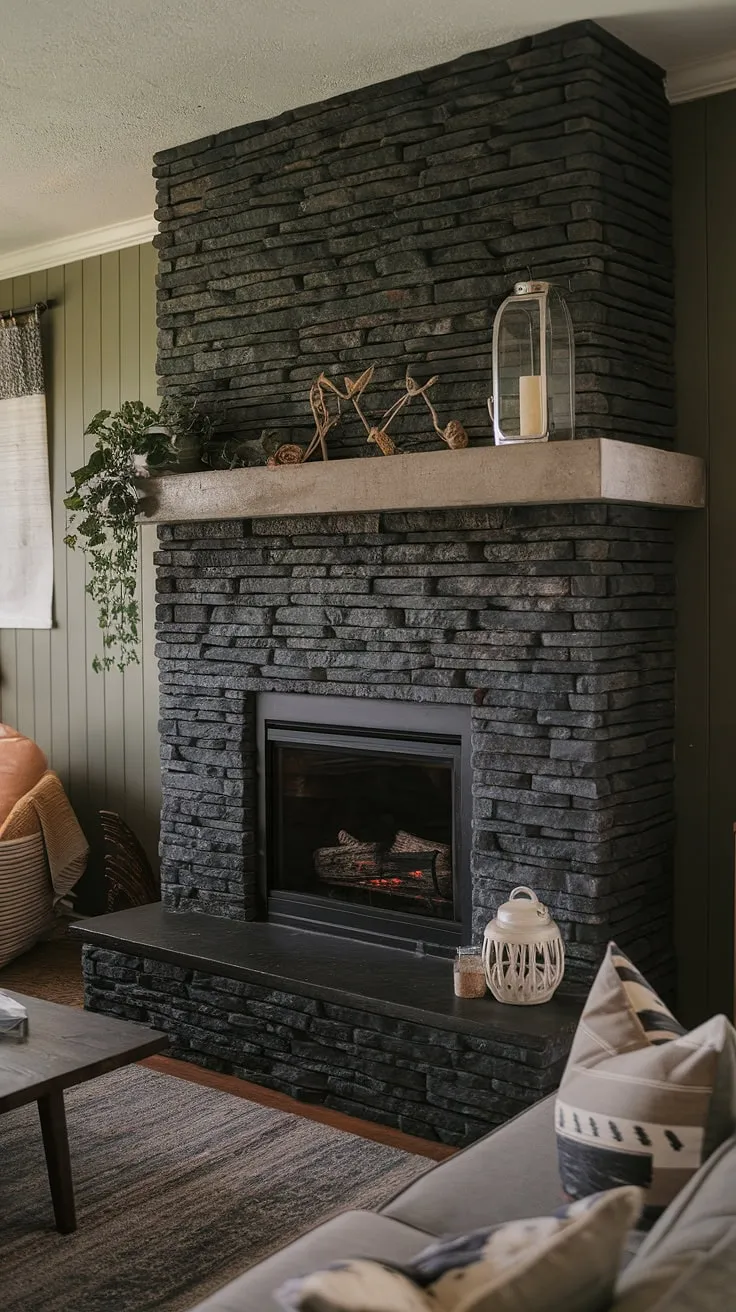 A dark color fireplace, this black stack stone fireplace is the heart of this charming cottage den. The unique mantle decor atop the concrete mantle fireplace, accented by a green wall fireplace, offers inspiration for living room fireplace ideas. This modern fireplace decor, including the black brick fireplace, creates a cozy and stylish atmosphere perfect for a cottage electric fireplace.