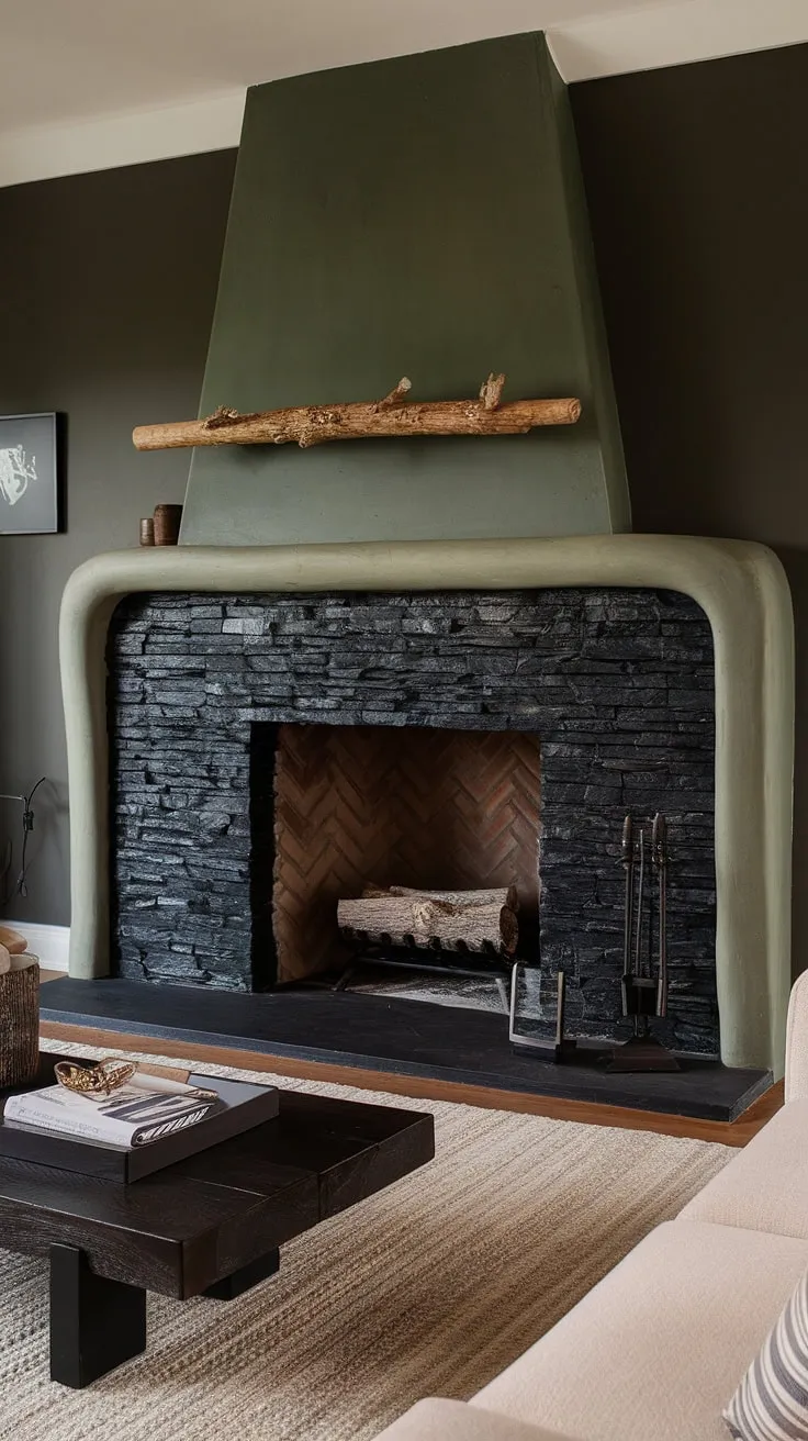 A cozy and stylish living room featuring a dramatic black stack stone fireplace as the focal point. The green wall fireplace creates a unique mantle decor, while the concrete mantle fireplace adds a touch of industrial chic. This cottage electric fireplace (though not explicitly shown, implied by the modern style) is a perfect example of living room fireplace ideas, demonstrating how a dark color fireplace can elevate a space. The beige rug and dark wood coffee table complement the black brick fireplace perfectly.