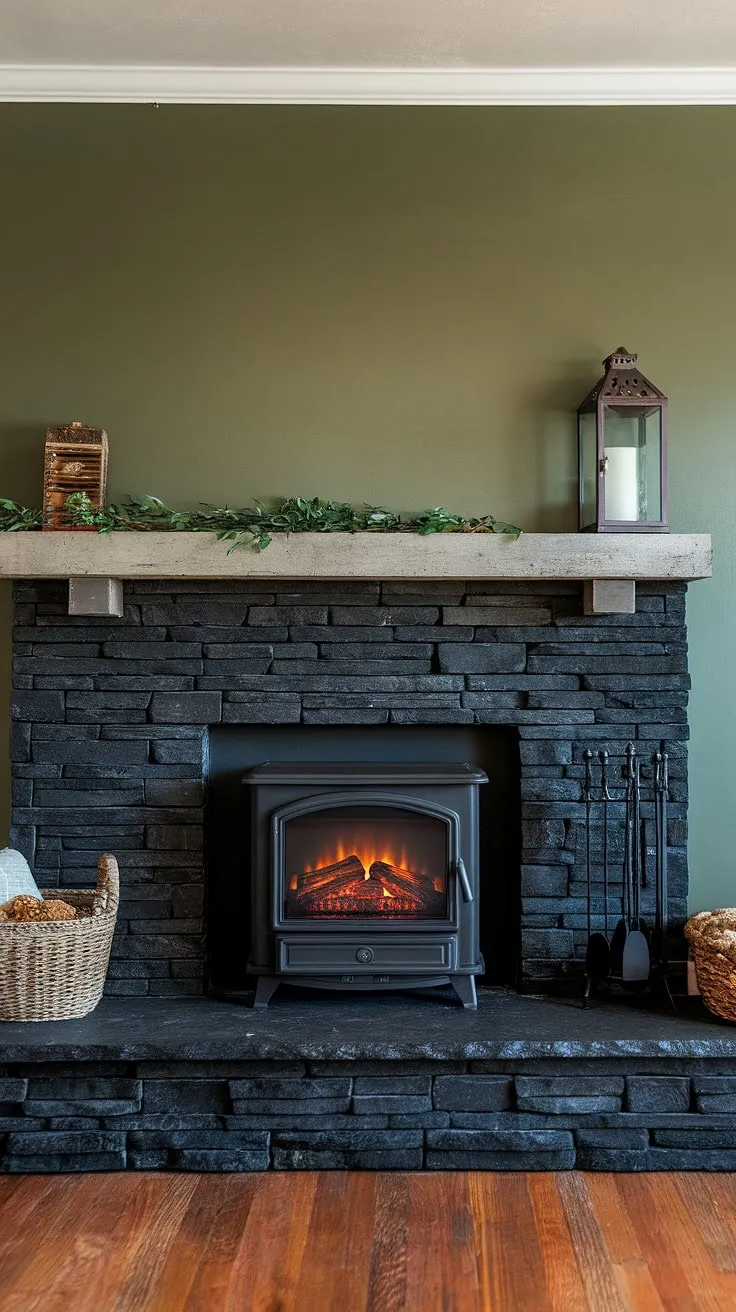 This black brick fireplace, a stunning black stack stone fireplace, anchors this fireplace dining room. The concrete mantle fireplace showcases unique mantle decor against a green wall fireplace, offering inspiring living room fireplace ideas. The cottage electric fireplace adds cozy ambiance to this modern fireplace decor.