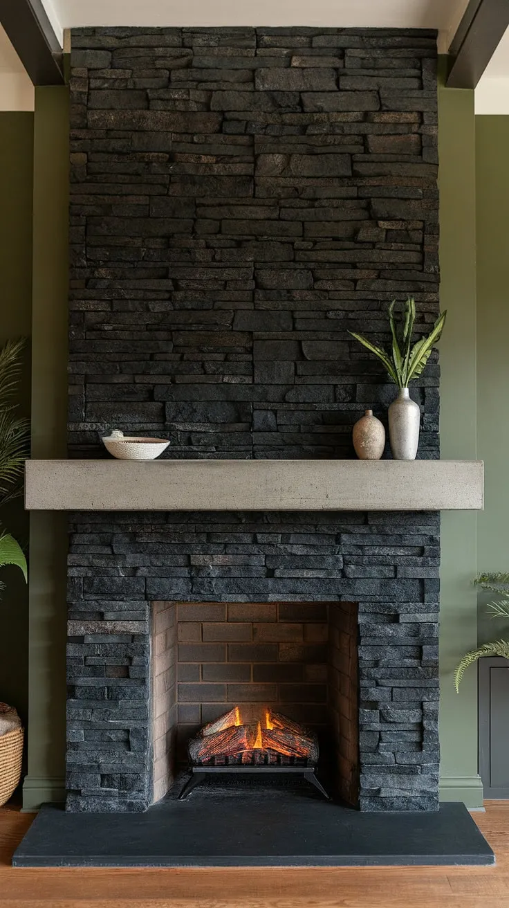 A black brick fireplace, reimagined. This modern fireplace decor features a black stack stone fireplace as the centerpiece of a sophisticated dining room. The concrete mantle fireplace and green wall create a unique backdrop for both dining and relaxation, offering inspiring living room fireplace ideas.