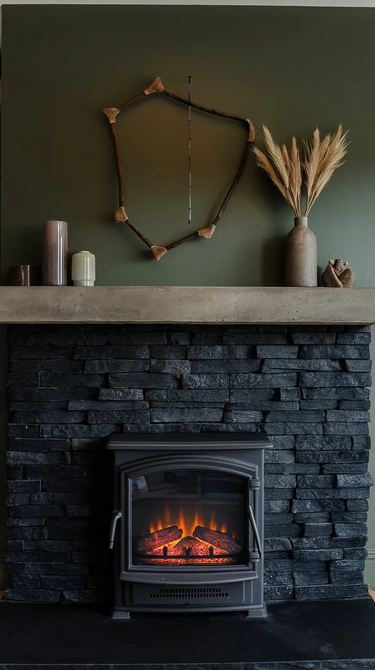 Cozy up in this rustic-modern living room, featuring a striking black stack stone fireplace—or black brick fireplace, if you prefer—with a concrete mantle fireplace. The dark color fireplace is beautifully offset by the green wall fireplace, creating a unique focal point. The modern fireplace decor includes unique mantle decor, adding personality to this living room fireplace ideas inspiration. This cottage electric fireplace offers warmth and ambiance without sacrificing style. The space seamlessly blends into a fireplace dining room area, perfect for intimate gatherings.