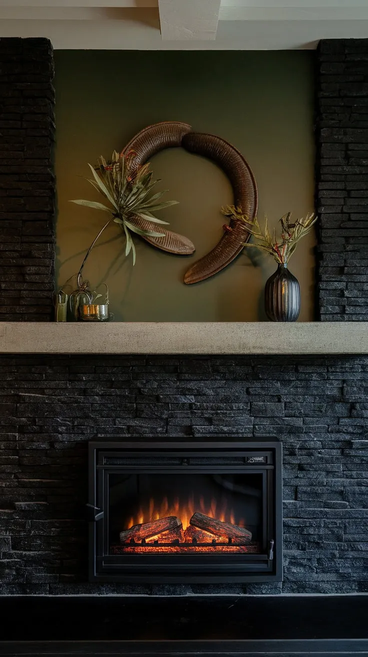 Cozy nights and warm gatherings are guaranteed in this fireplace dining room. The black stack stone fireplace, with its unique mantle decor and green wall backdrop, offers modern fireplace decor inspiration. This dark color fireplace, a cottage electric fireplace with a concrete mantle, is the perfect living room fireplace idea.