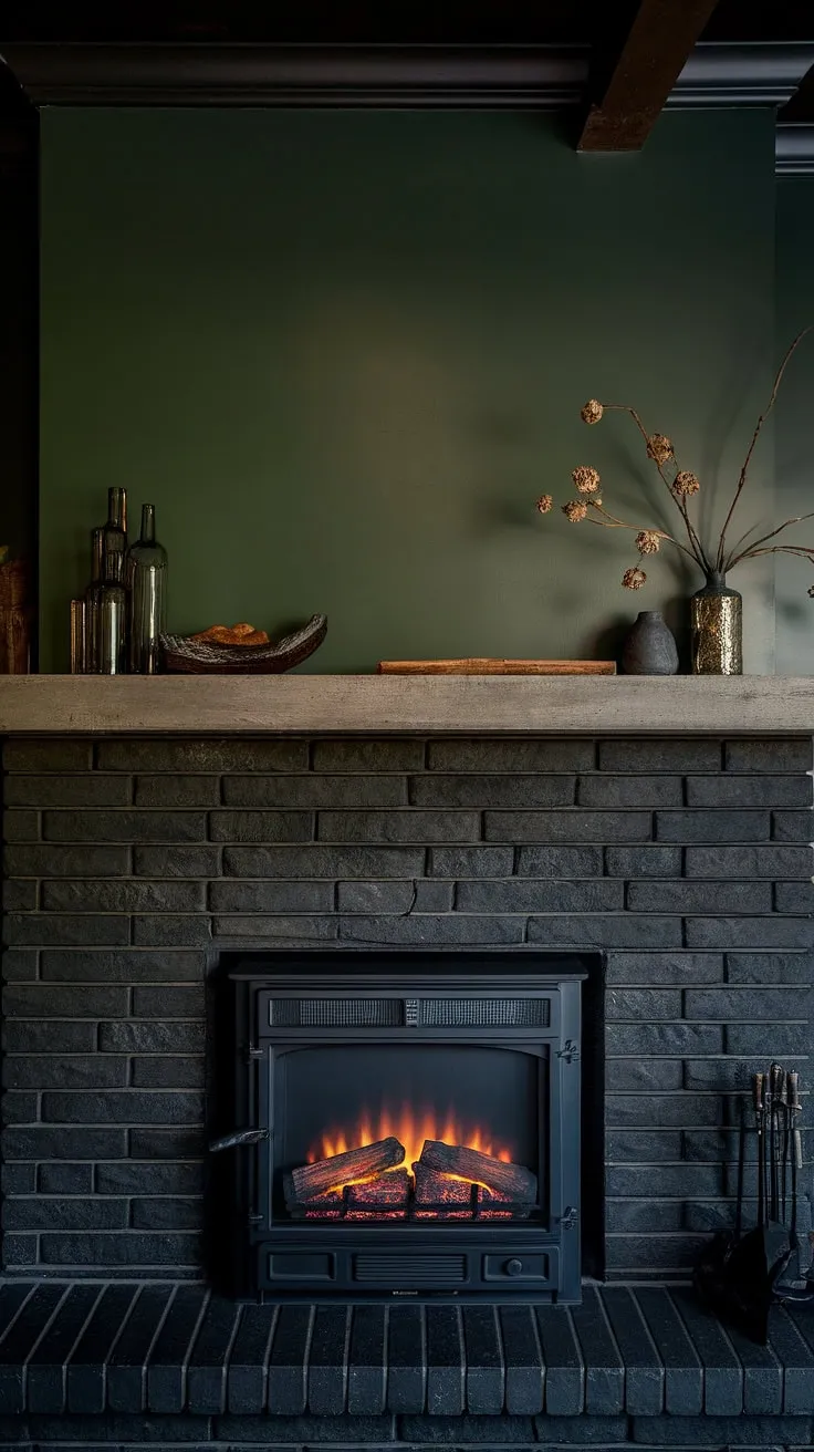 A modern fireplace decor masterpiece: this black stack stone fireplace with a concrete mantle and unique mantle decor stands out against a rich green wall. The dark color fireplace, complete with a cottage electric fireplace and black brick fireplace details, perfectly complements the rustic-chic dining room, providing ample living room fireplace ideas for those seeking a cozy and sophisticated space.