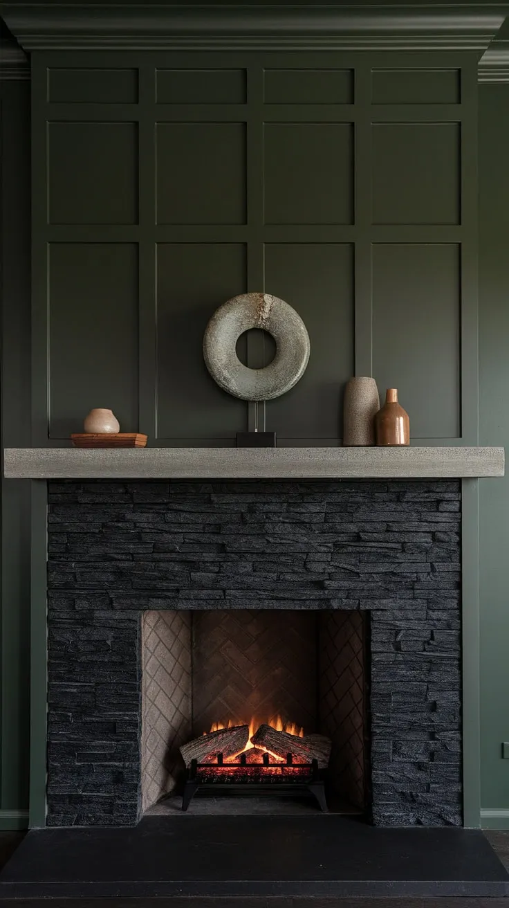 Modern fireplace decor meets rustic charm in this captivating fireplace dining room. The black stack stone fireplace, with its concrete mantle and unique mantle decor, anchors the space, while the green wall and dark color scheme create a sophisticated ambiance. Living room fireplace ideas meet dining room elegance.