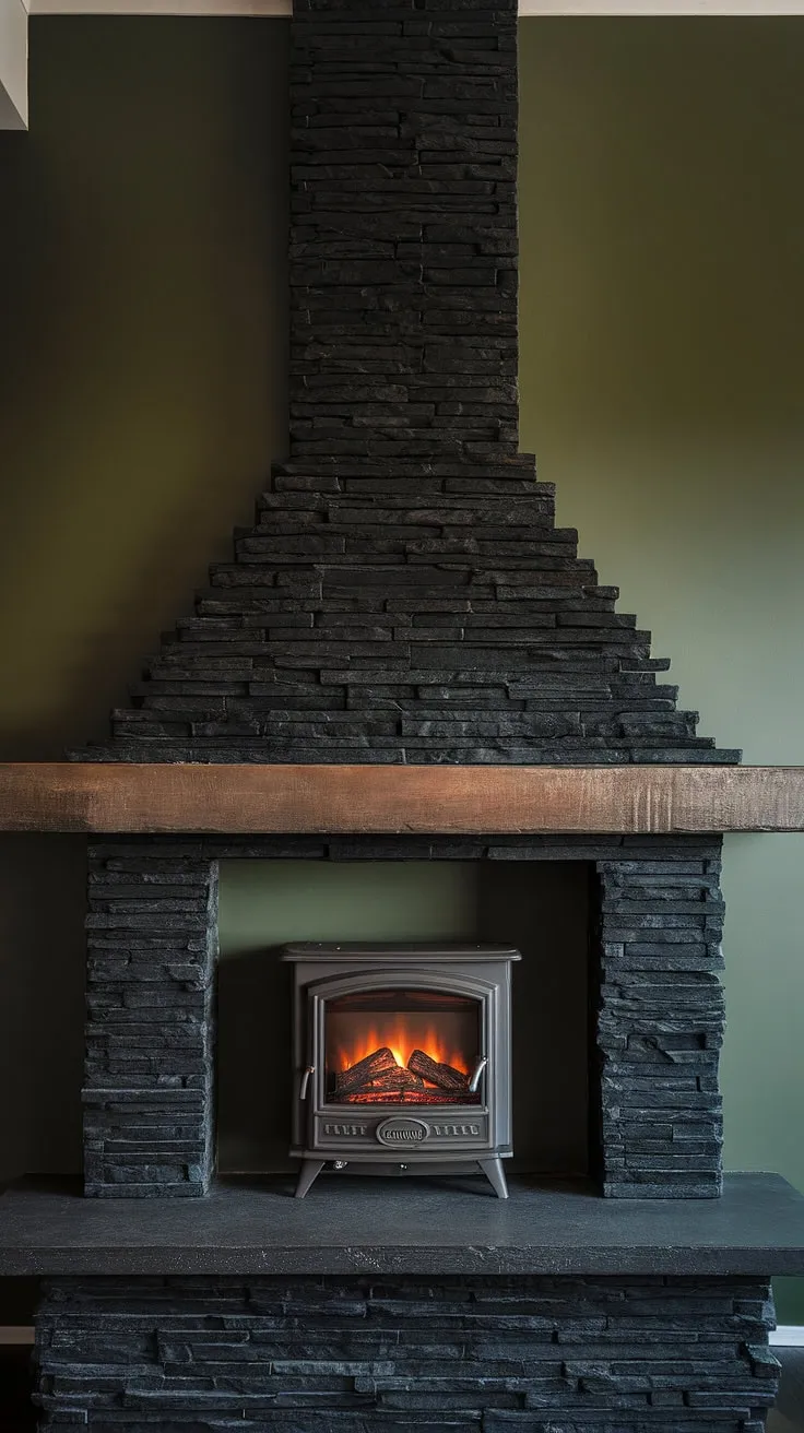 Modern fireplace decor meets rustic charm in this dramatic fireplace dining room. The black stack stone fireplace, with its unique concrete mantle and cottage electric fireplace, is a showstopper against the green wall.