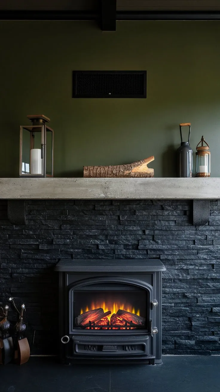 A dark color fireplace, specifically a black brick fireplace with a black stack stone exterior, anchors this stylish dining room. The concrete mantle fireplace features unique mantle decor, making it a standout element. The green wall fireplace provides a vibrant backdrop, while the cottage electric fireplace adds a touch of cozy charm. This design offers inspiring modern fireplace decor and living room fireplace ideas.