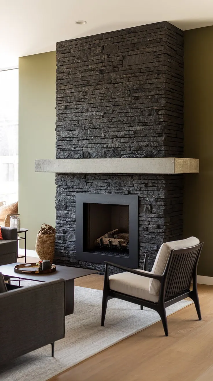 Modern fireplace decor meets rustic charm in this living room fireplace ideas showcase. The black stack stone fireplace, with its unique concrete mantle, anchors the space, complemented by a green wall and light wood floors. This cottage electric fireplace offers warmth and style, perfect for a fireplace dining room.