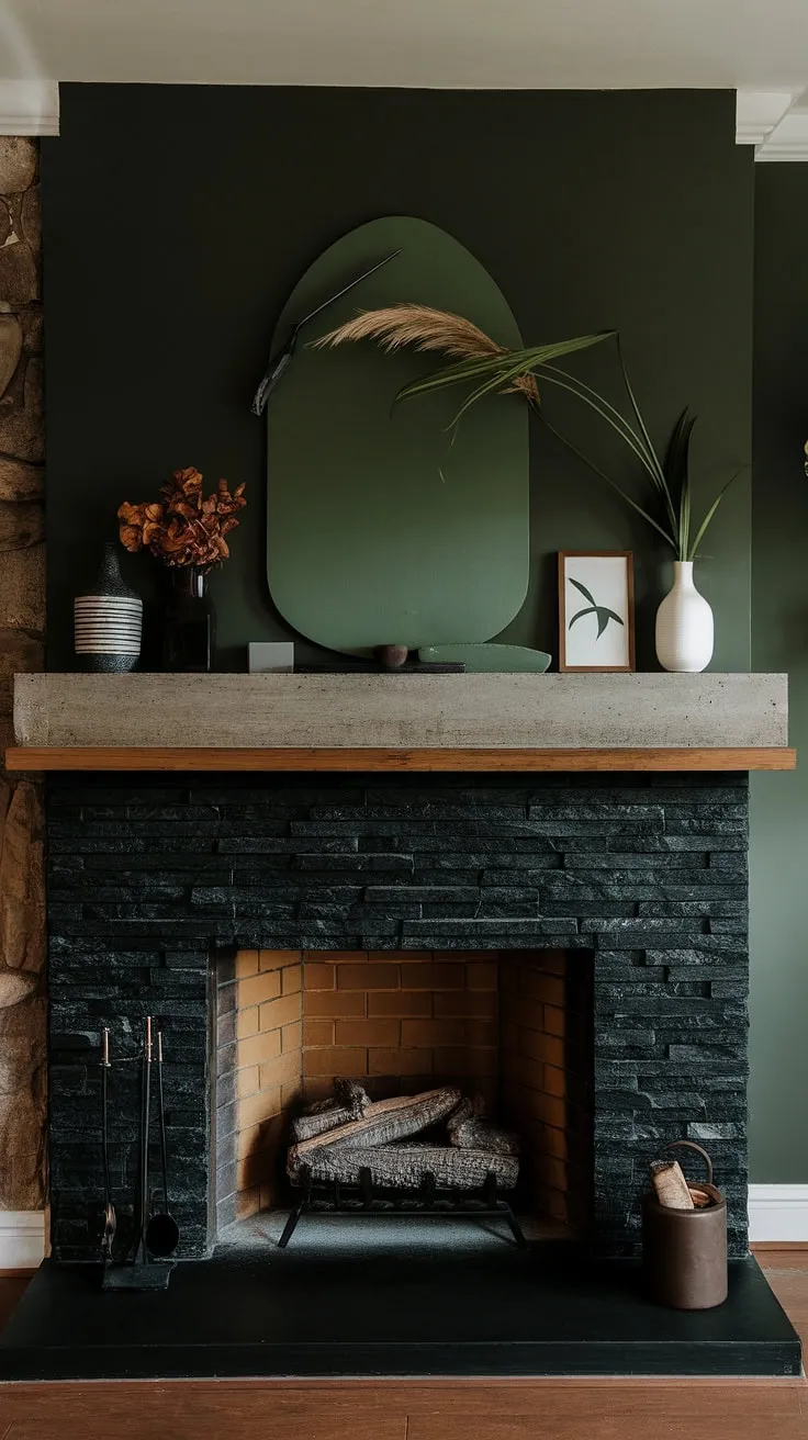 This living room fireplace, a showstopping black brick fireplace (or black stack stone fireplace), anchors this dark color fireplace dining room. The unique mantle decor, featuring a concrete mantle and green wall, adds a touch of modern elegance to this space, showcasing inspiring living room fireplace ideas.